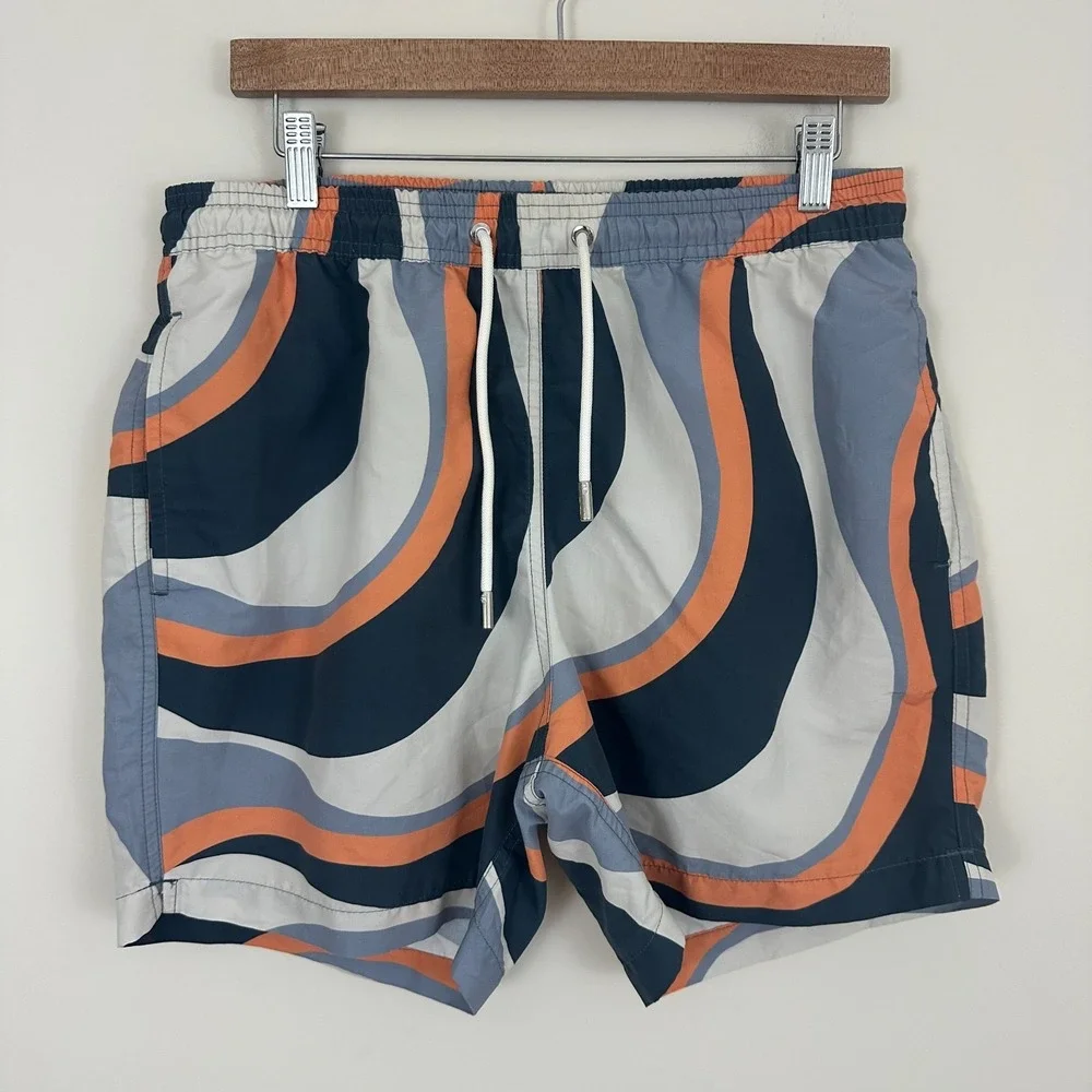 Mr Porter Mr P Swim Trunks Multicolor Wave Abstract Mesh Lined Drawstring Mens M